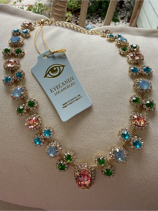 Eye Candy Jewelry - Eye candy Gold Multicolor Crystal Necklace with Pink, Blue & Green Stones